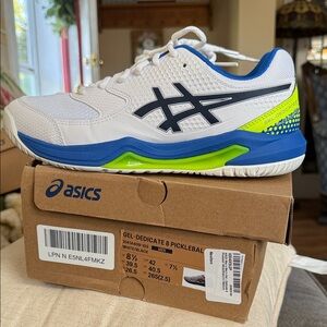 Asics White and Blue Sneakers  gel dedicated 8 Pickleball shoes.